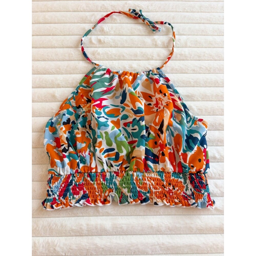 Colorful Abstract Halter Crop Top Smocked Summer Festival Size L